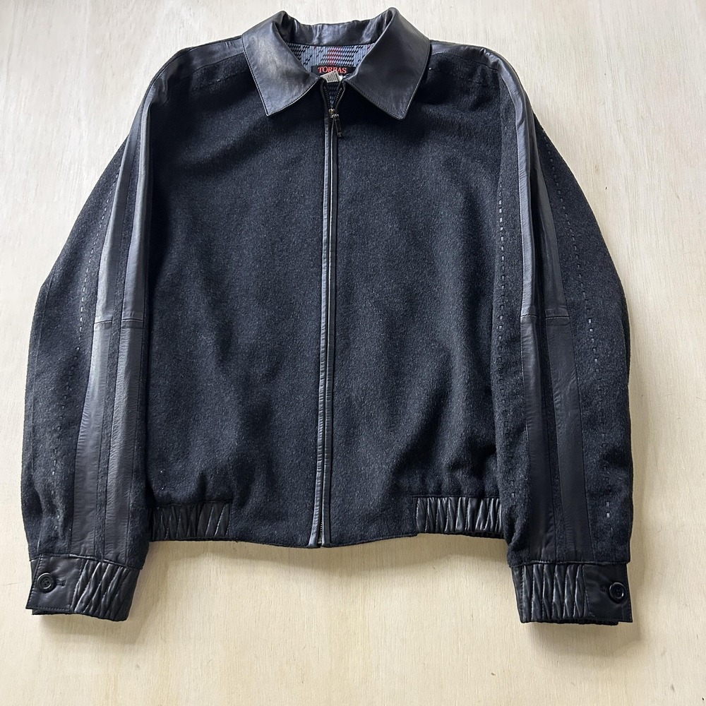 Torras Jacket Mens 46 Black Camel Hair Leather Trim Silk Lined Zip Bomber Spain